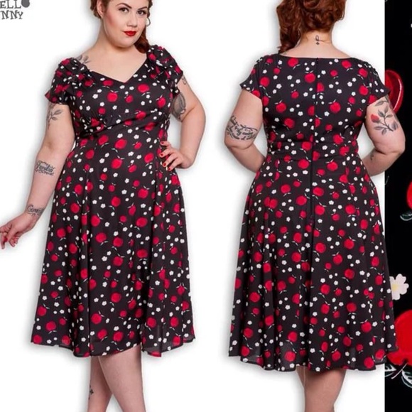 Hell Bunny Dresses & Skirts - Hell Bunny Vixen Black Midi Dress with Red Apple & White Floral Dot Print